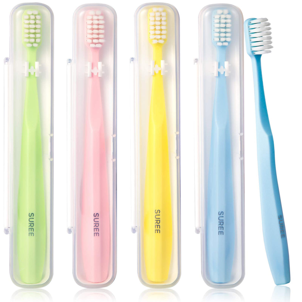 SUREE Extra Soft Toothbrush for Sensitive Teeth, Upgraded 10000 Ultra Soft Bristles for Adults & Elders, Manual Travel Toothbrush with Individual Portable Case (4 Pack)