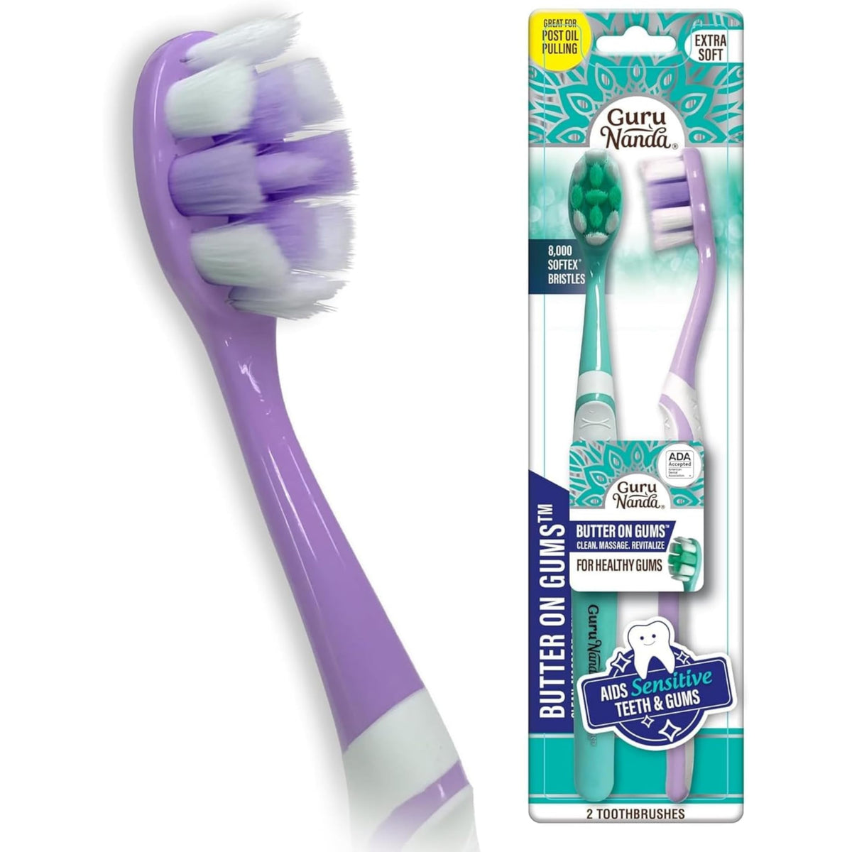 GuruNanda Butter On Gums Toothbrush, ADA Accepted Manual Toothbrushes with 8000+ Ultra Soft Softex Bristles for Sensitive & Receding Gums, Perfect for Whiter Teeth, Assorted Colors, 6 Ct