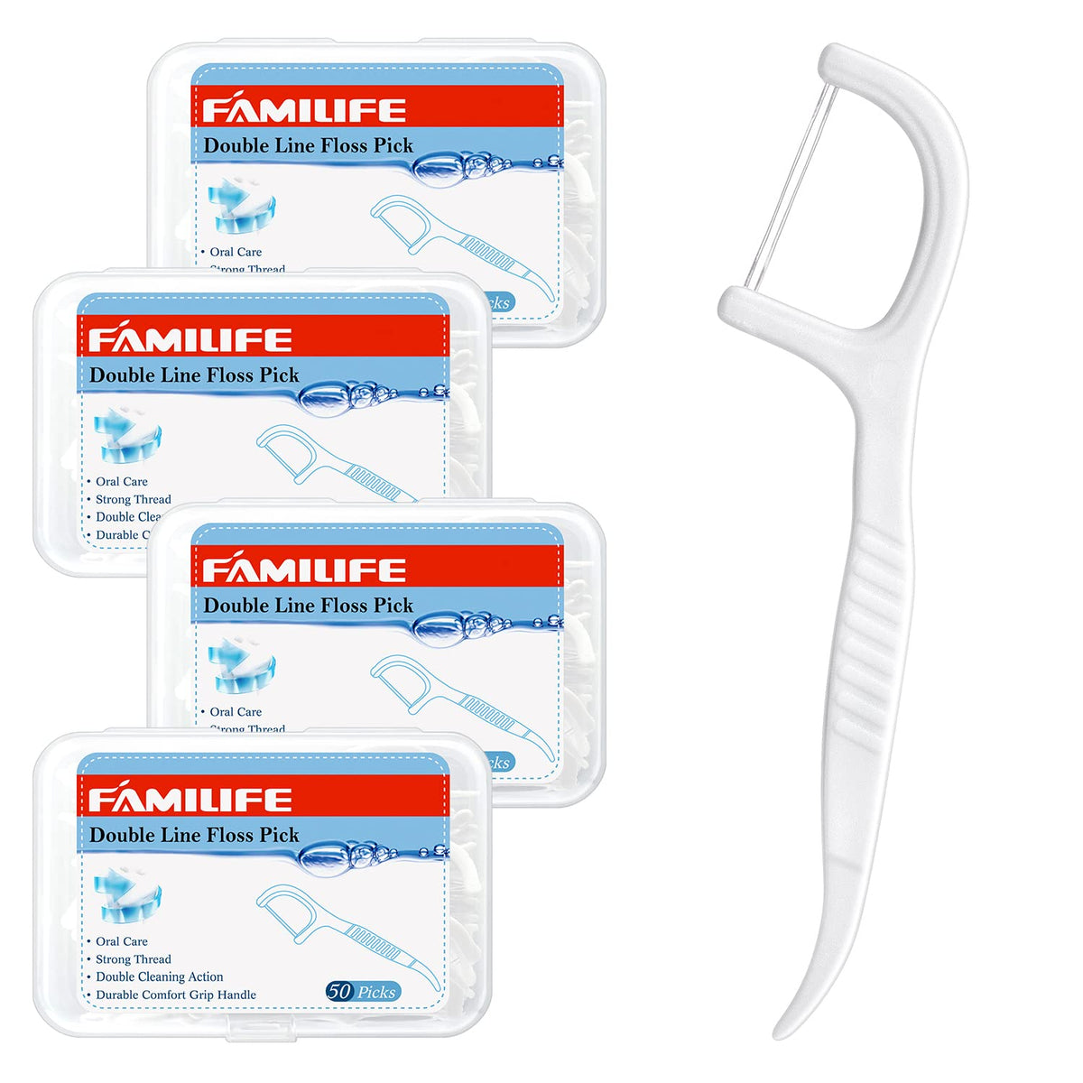FAMILIFE Floss Picks, 240 Count Mint Dental Floss Picks with 4 Travel Cases