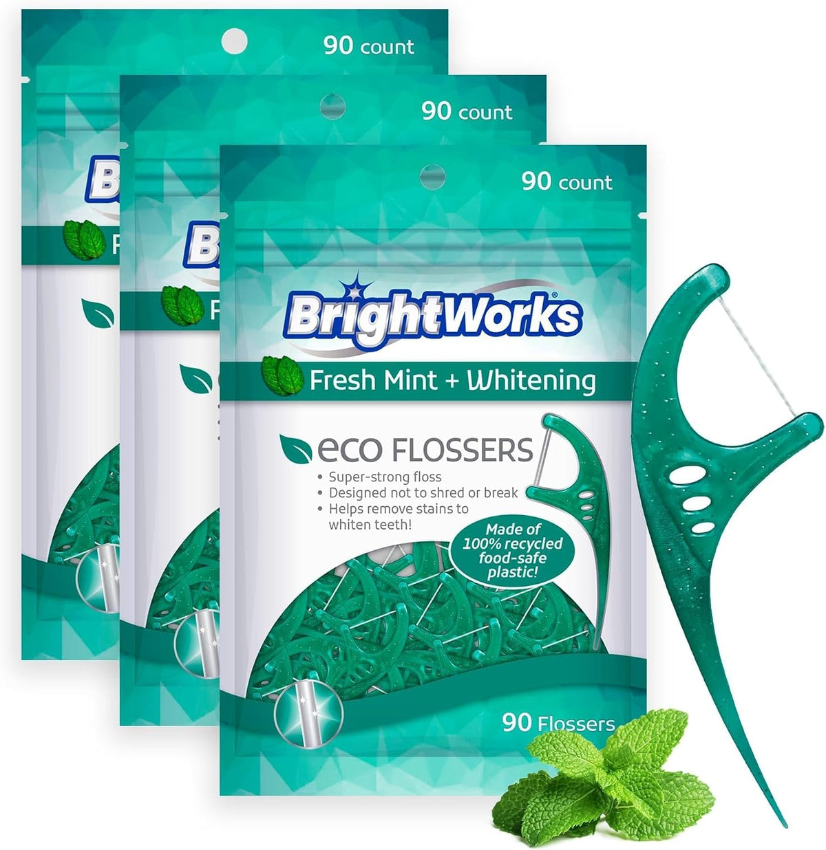 Brightworks ECO Sustainable Floss Picks - 270 Count - PFAS Free -100% Post-Consumer Recycled Plastic, Super Strong Mint-Flavored Floss with Micro-Crystals