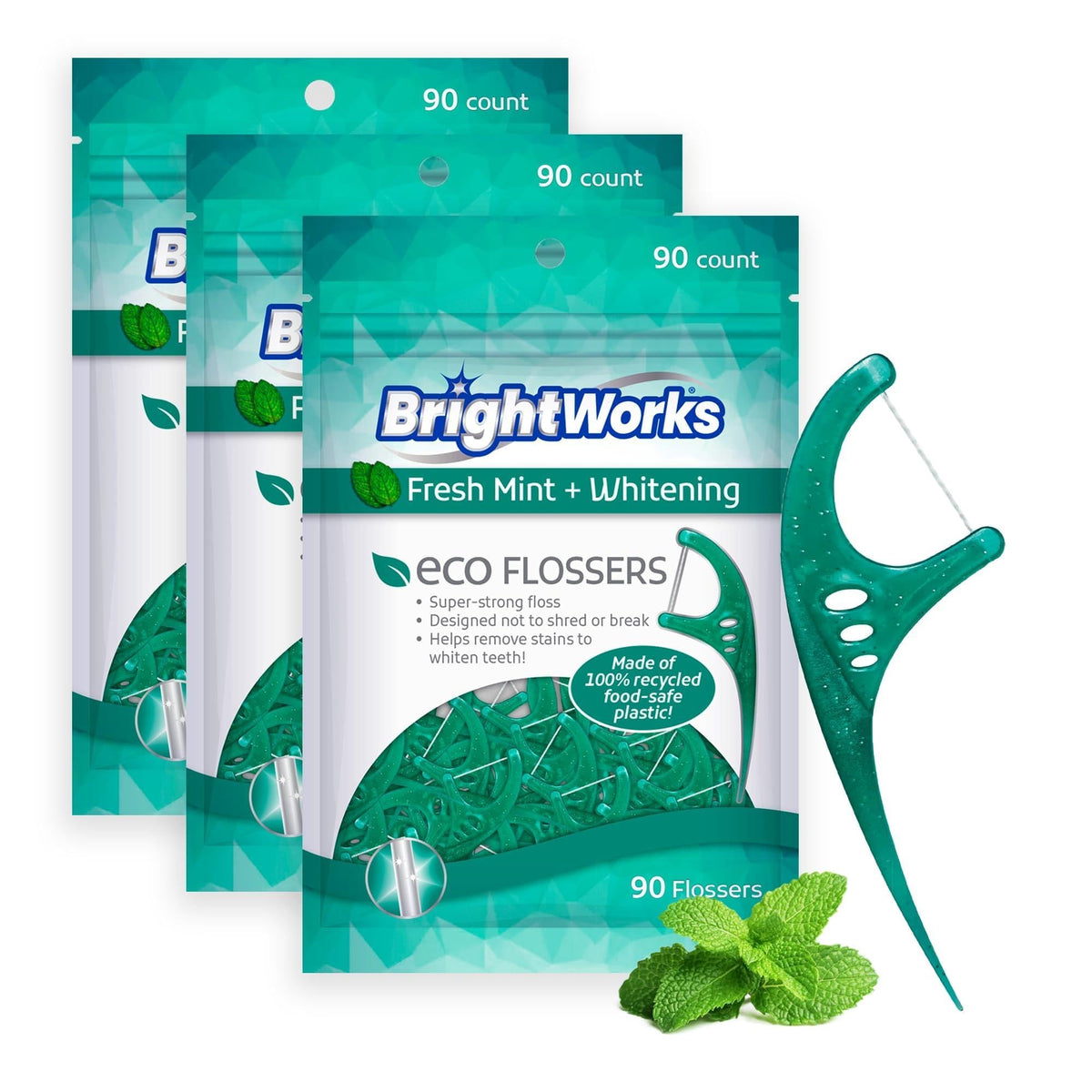 Brightworks ECO Sustainable Floss Picks - 270 Count - PFAS Free -100% Post-Consumer Recycled Plastic, Super Strong Mint-Flavored Floss with Micro-Crystals