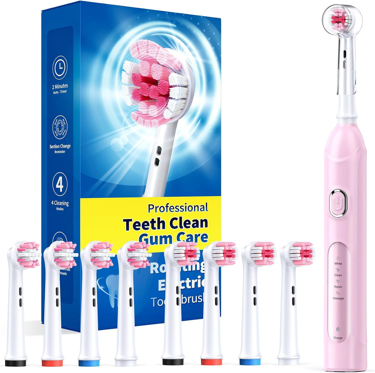 Rotating Electric Toothbrush for Adults, 8 Heads 2 Types, 4 Modes, Pink