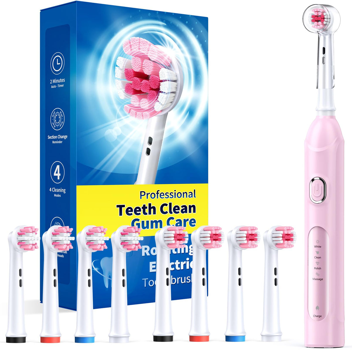 Rotating Electric Toothbrush for Adults, 8 Heads 2 Types, 4 Modes, Pink