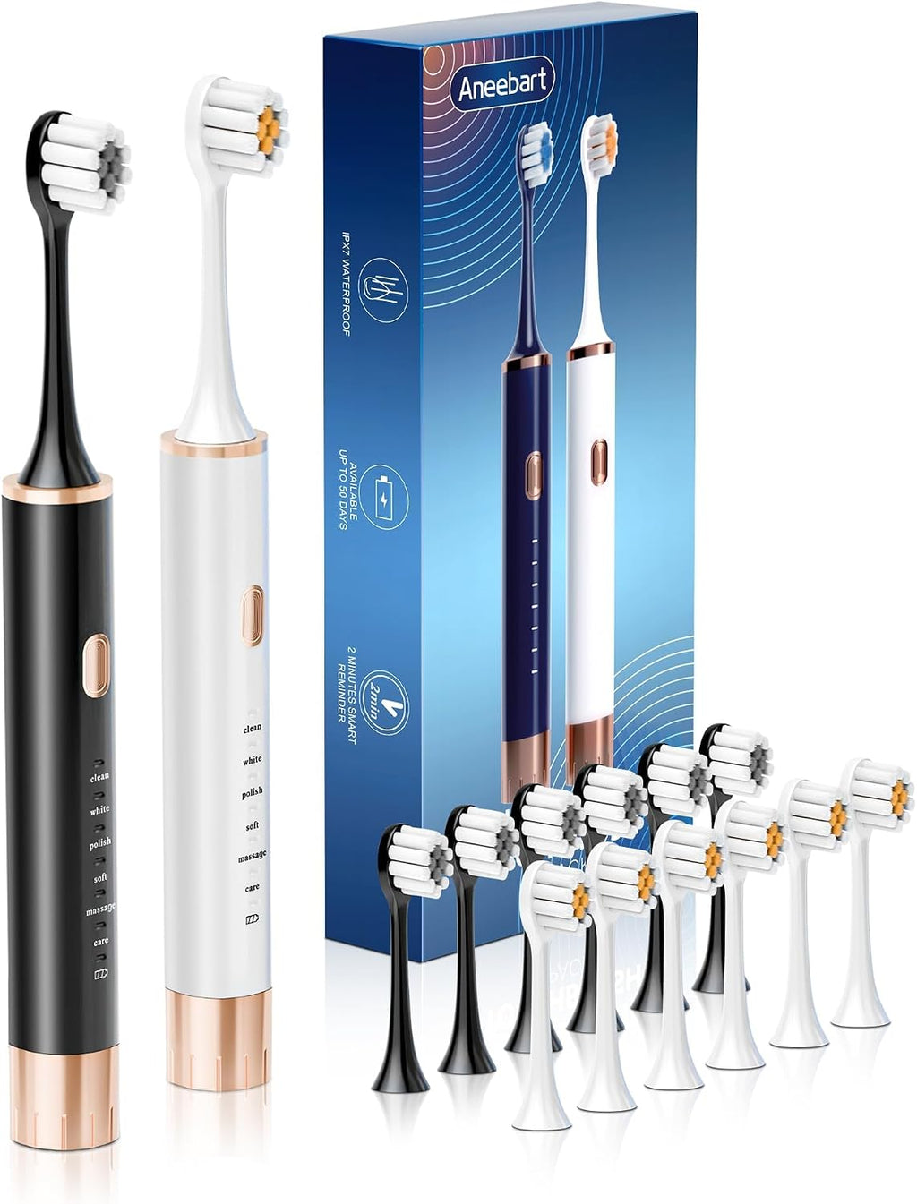 Aneebart Sonic 2 Pack Electric Toothbrush for Adults, Travel Toothbrush Includes 12 Replacement Toothbrush Heads, 6 Modes with 2 MIN Smart Timer (Black White)