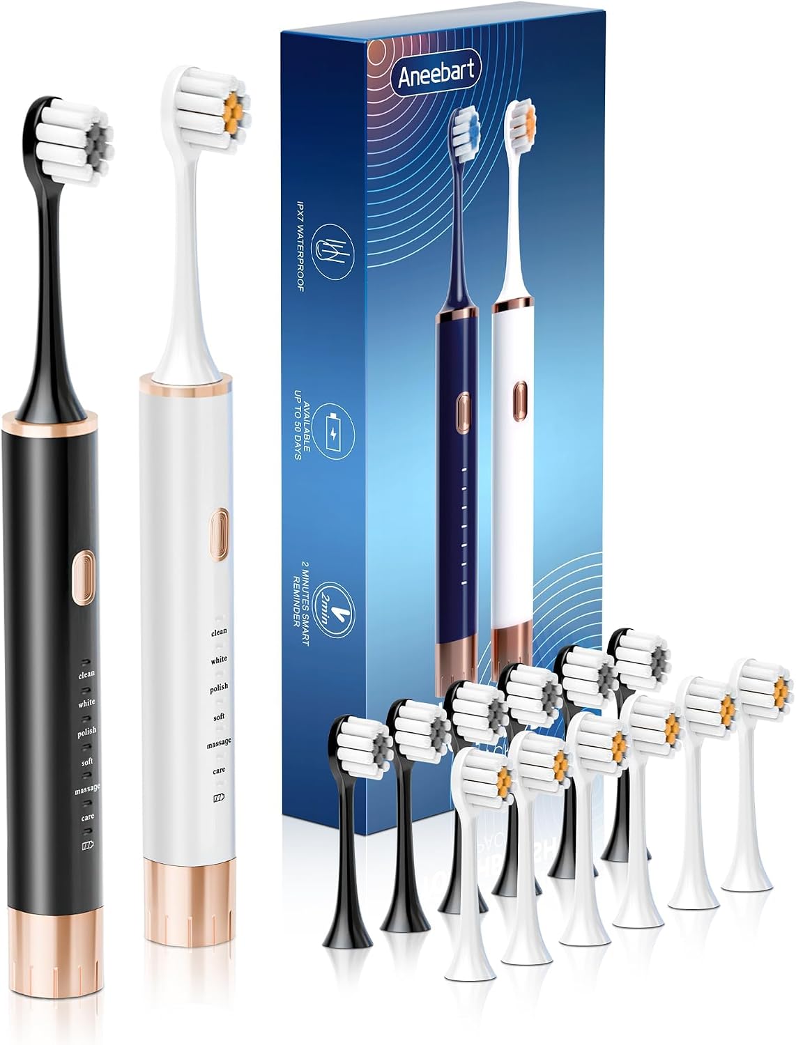 Aneebart Sonic 2 Pack Electric Toothbrush for Adults, Travel Toothbrush Includes 12 Replacement Toothbrush Heads, 6 Modes with 2 MIN Smart Timer (Black White)