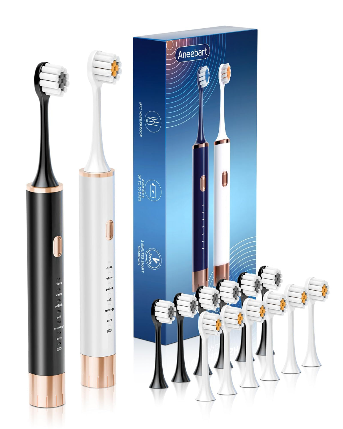 Aneebart Sonic 2 Pack Electric Toothbrush for Adults, Travel Toothbrush Includes 12 Replacement Toothbrush Heads, 6 Modes with 2 MIN Smart Timer (Black White)