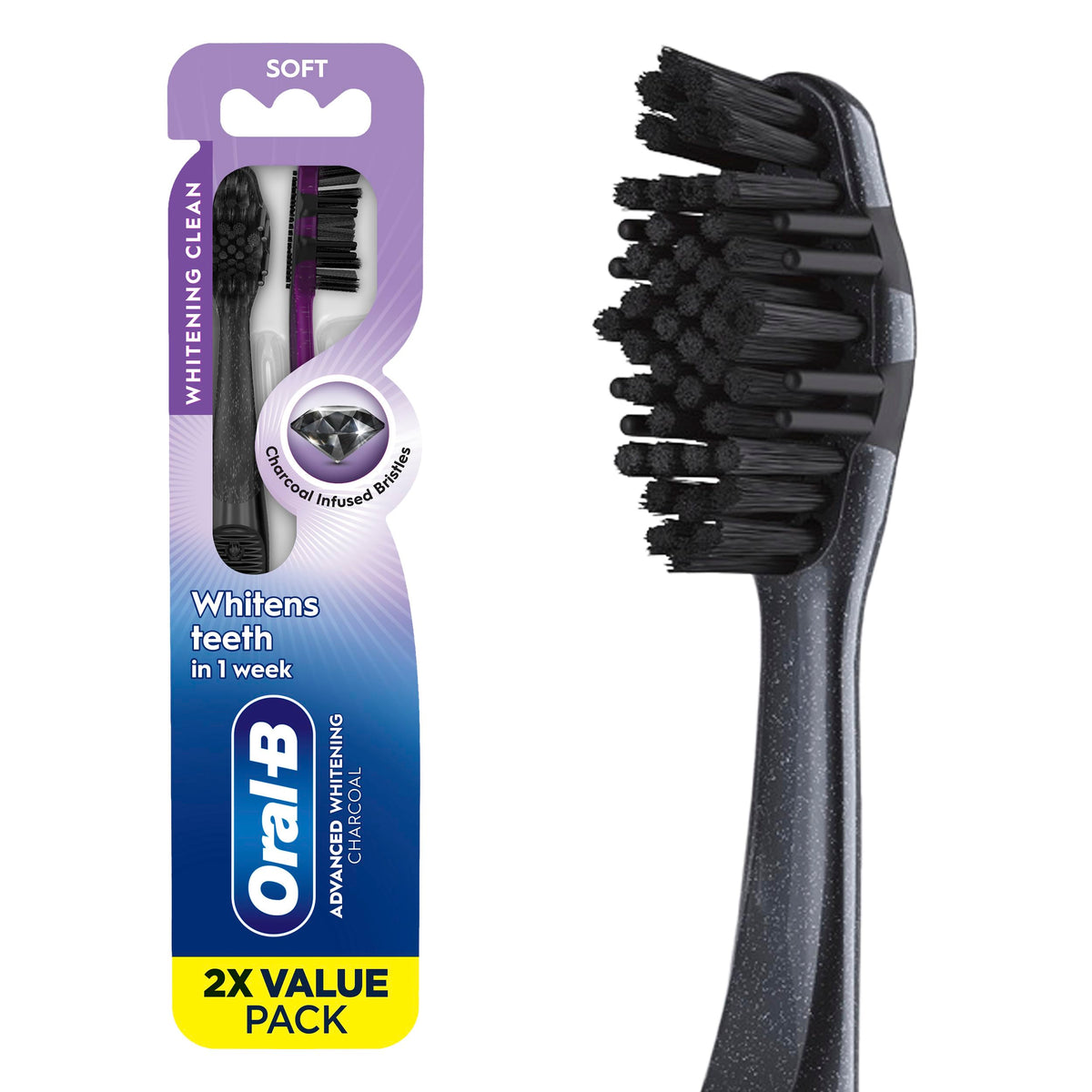 Oral-B 3D White Charcoal Toothbrush, 2 Count Soft Manual tootbrush Pack, Whitens Teeth, removes Plaque and Stains, Tongue Scraper Tooth Brush