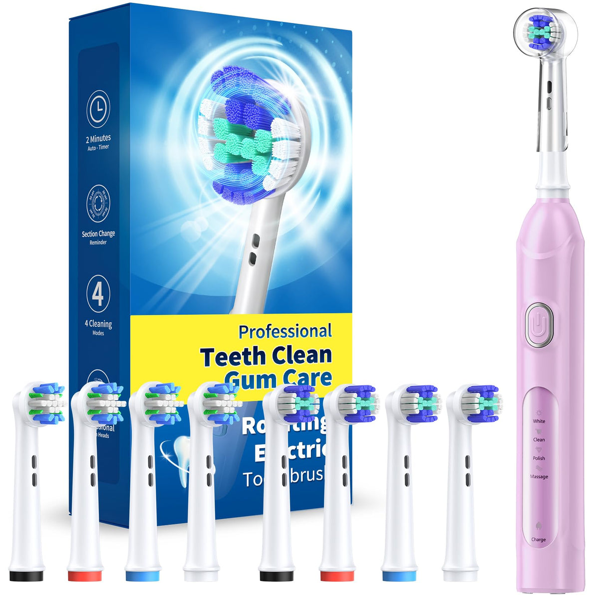 Rotating Electric Toothbrush for Adults, 8 Heads 2 Types, 4 Modes, Pink