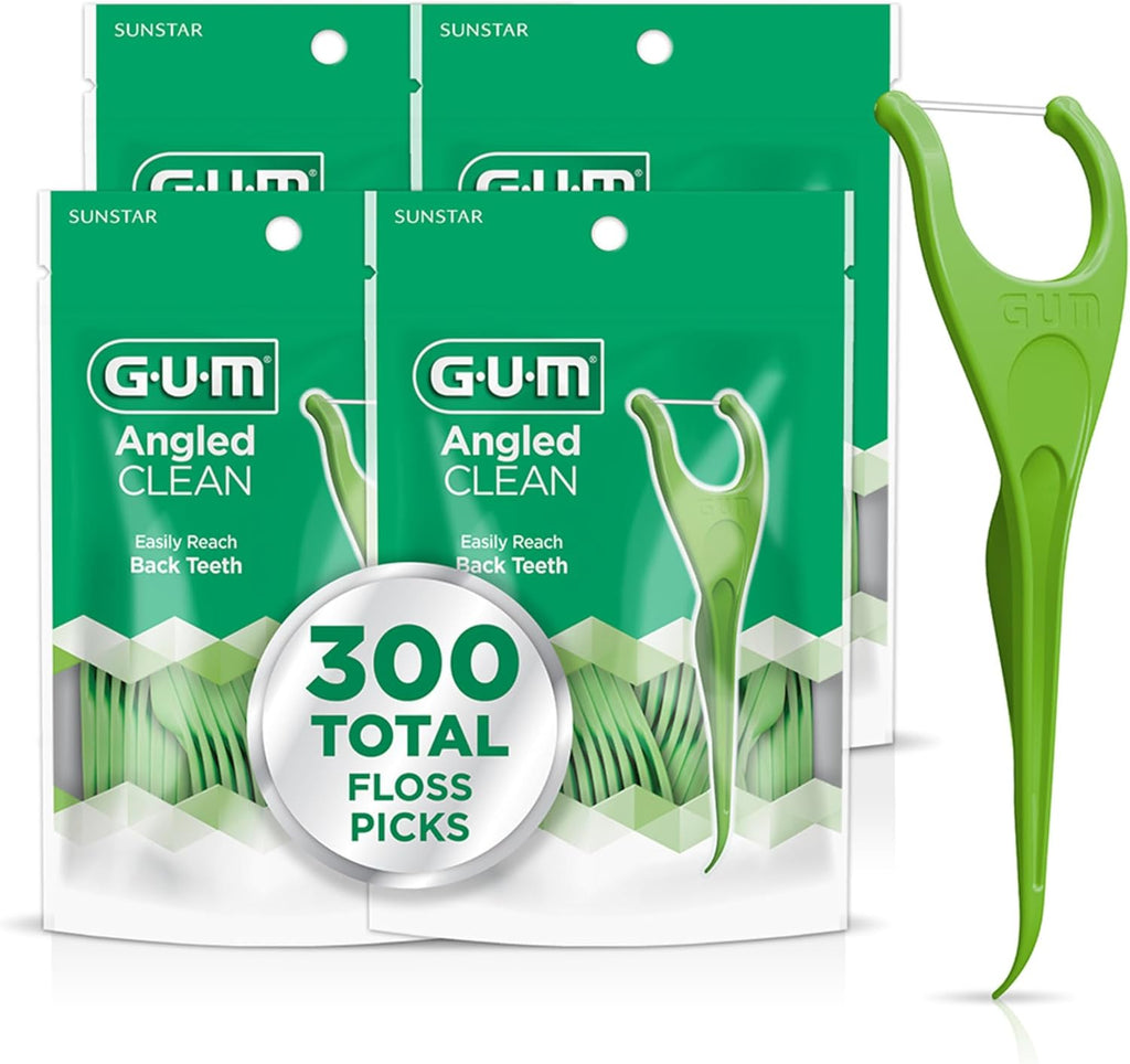 GUM Angled Clean Dental Floss Picks, Fresh Mint Flossers, 75 Count (4 Pack)