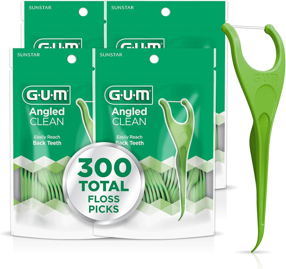 GUM Angled Clean Dental Floss Picks, Fresh Mint Flossers, 75 Count (4 Pack)