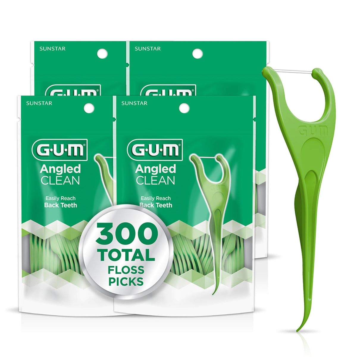 GUM Angled Clean Dental Floss Picks, Fresh Mint Flossers, 75 Count (4 Pack)