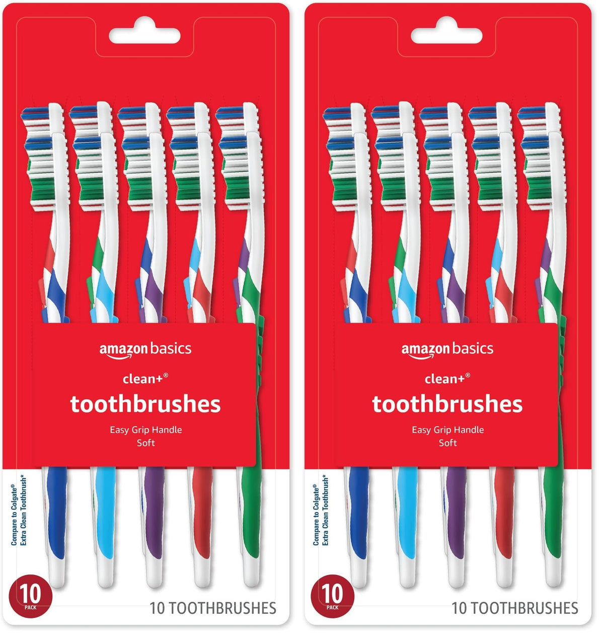 Amazon Basics Clean Plus Soft Bristle Toothbrushes with Angled End-Tuft, Cheek and Tongue Cleaner, Full Size, 10 Count, 1 Pack (Previously Solimo)