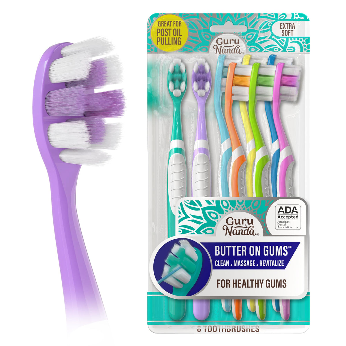 GuruNanda Butter On Gums Toothbrush, ADA Accepted Manual Toothbrushes with 8000+ Ultra Soft Softex Bristles for Sensitive & Receding Gums, Perfect for Whiter Teeth, Assorted Colors, 6 Ct