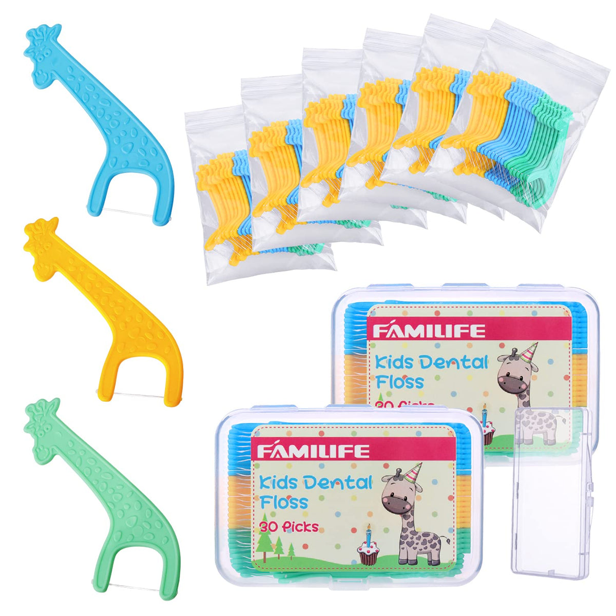FAMILIFE Floss Picks, 240 Count Mint Dental Floss Picks with 4 Travel Cases