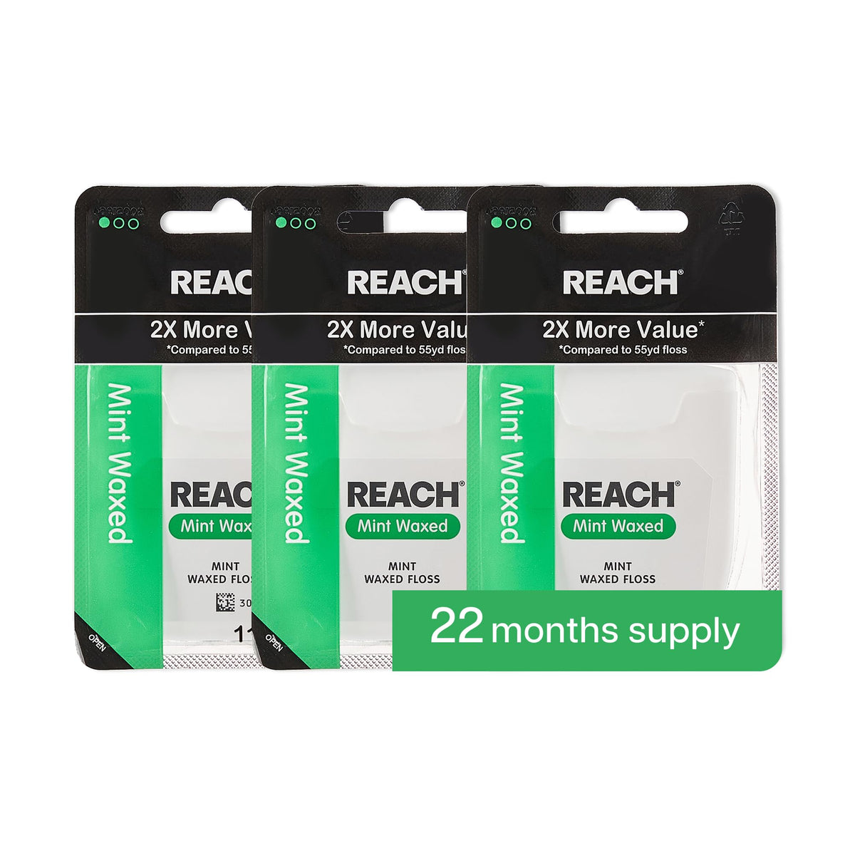 REACH Waxed Dental Floss, 2X More Value, Plaque Remover for Teeth, Shred Resistant, Floss Slides Smoothly, Easy to Use, Waxed, for Adults & Kids, Oral Care, PFAS Free, 3 Pack, 115 yd, Unflavored