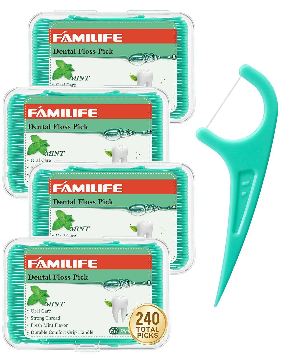 FAMILIFE Floss Picks, 240 Count Mint Dental Floss Picks with 4 Travel Cases