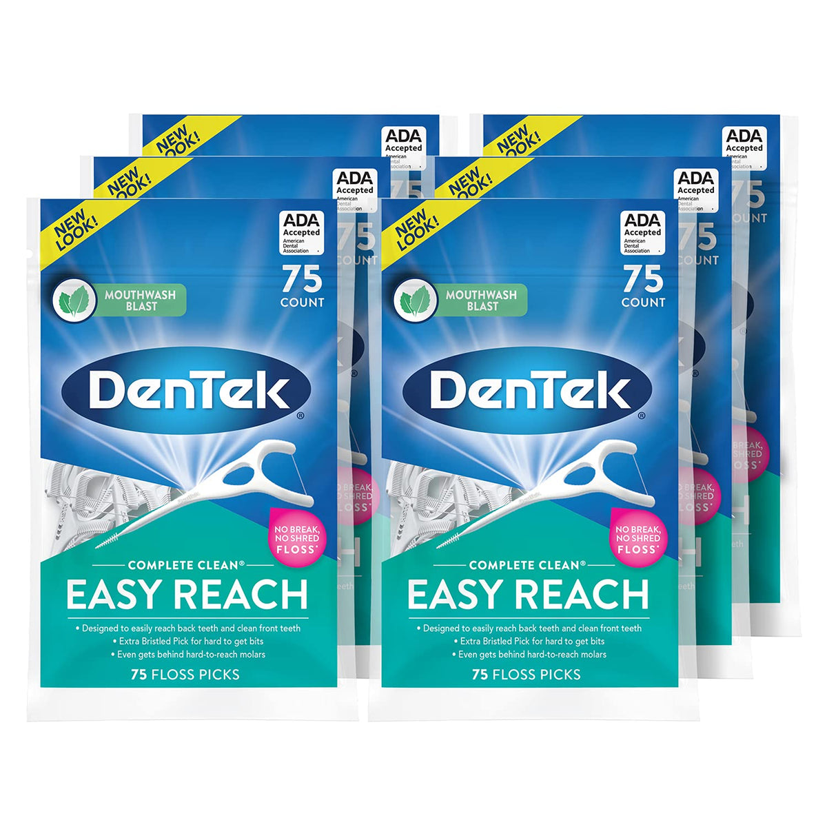 Dentek Floss Picks, Easy Reach for Complete Clean, 75 Count, Pack of 3