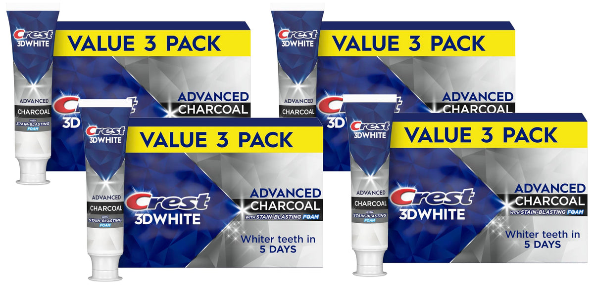 Crest 3D White Advanced Charcoal Teeth Whitening Toothpaste with Fluoride, 3.3 oz, Pack of 3