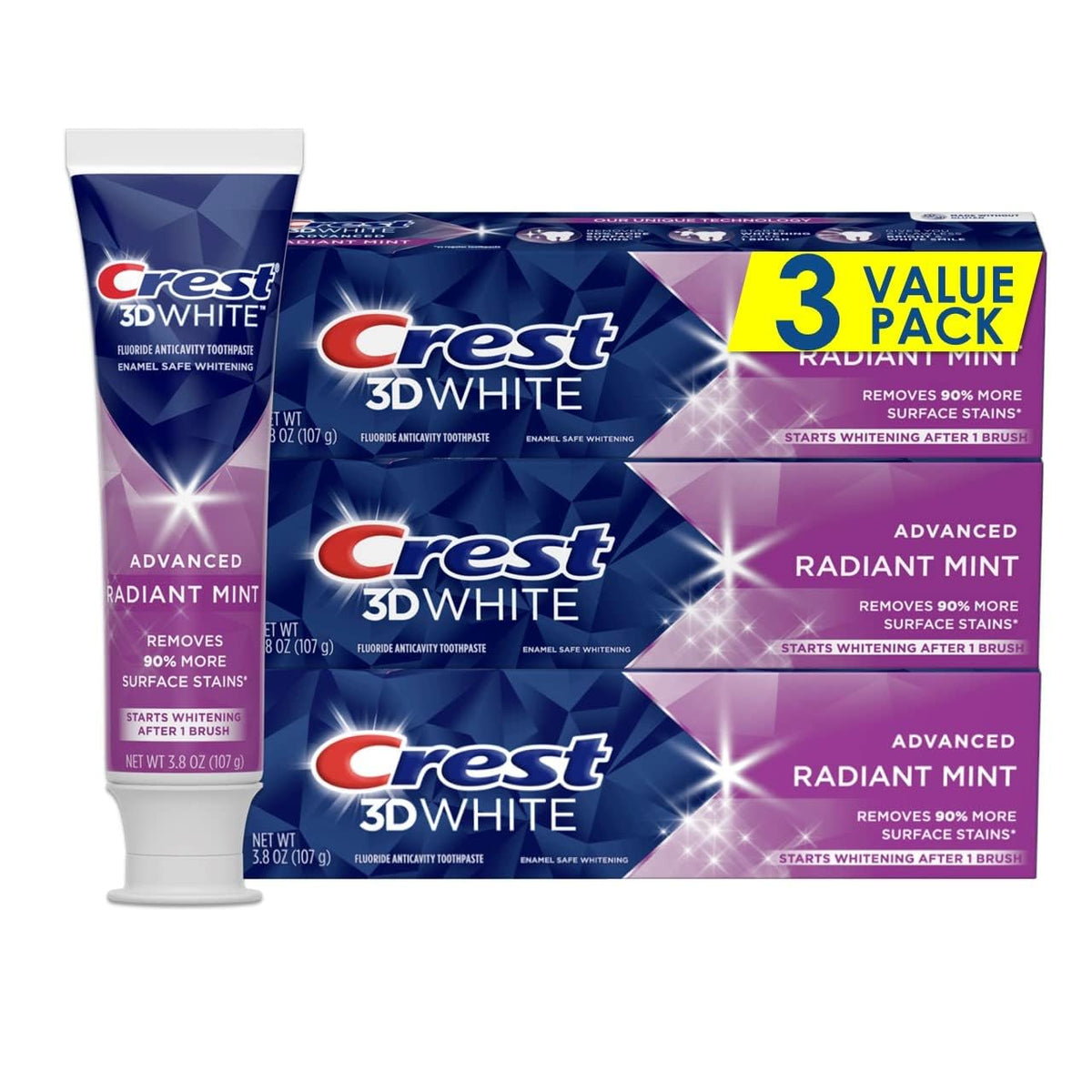 Crest 3D White Advanced, Teeth Whitening Toothpaste for Adults, 3.7 oz, 4 Pack, Cavity Protection Fluoride Toothpaste, Strengthens Enamel, Travel Size Toiletries