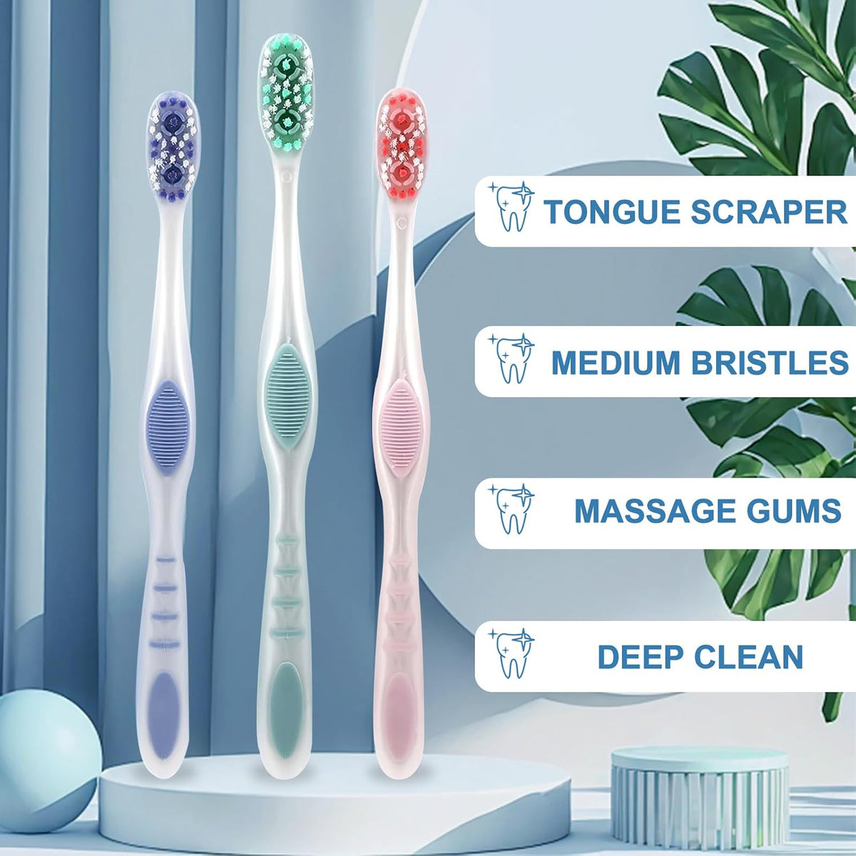 DR.BRIGHT Medium Toothbrushes for Adults with Tongue Scraper, 6 Pack