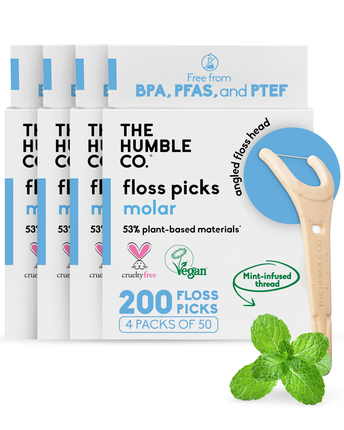 The Humble Co. Dental Floss Picks, Double Thread, Charcoal (200 Count)