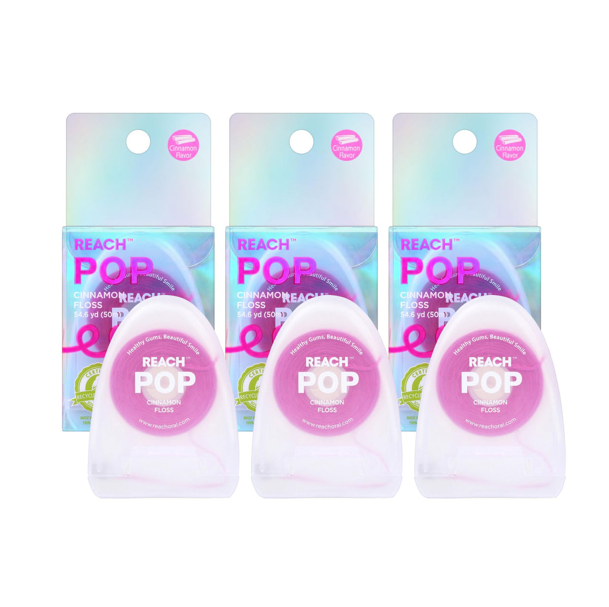 REACH POP Dental Floss, Cinnamon, Plaque Remover for Teeth, Shred Resistant, Vegan Wax, Cruelty Free, Eco Friendly Packaging, Oral Care, PFAS Free, for Adults & Kids, 3 Pack, 54.6 yd