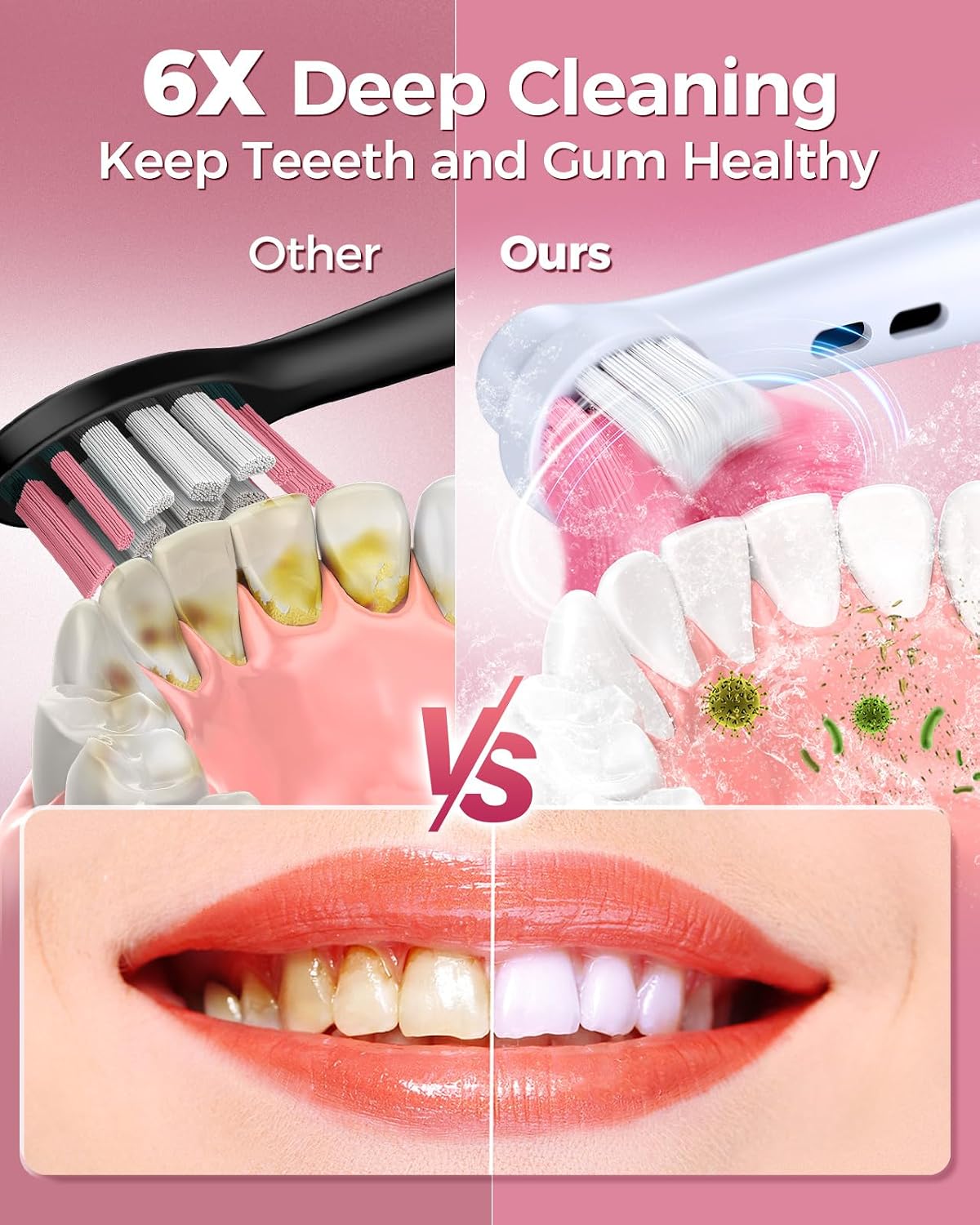 Rotating Electric Toothbrush for Adults, 8 Heads 2 Types, 4 Modes, Pink
