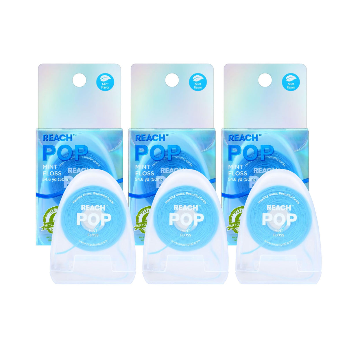 REACH POP Dental Floss, Mint, Plaque Remover for Teeth, Shred Resistant, Vegan Wax, Cruelty Free, Eco Friendly Packaging, Oral Care, PFAS Free, for Adults & Kids, 3 Pack, 54.6 yd