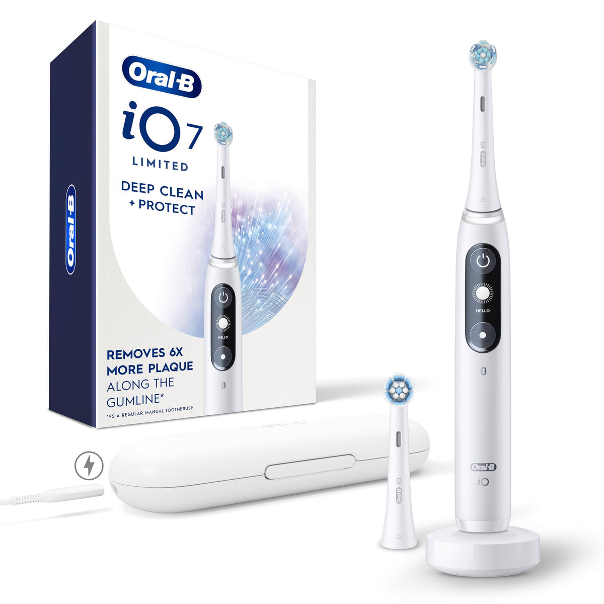 Oral-B iO Deep Clean + Protect Rechargeable Electric Toothbrush, Black, iO Series 7, 2 Replacement Brush Heads, Charging Travel Case (package may vary)