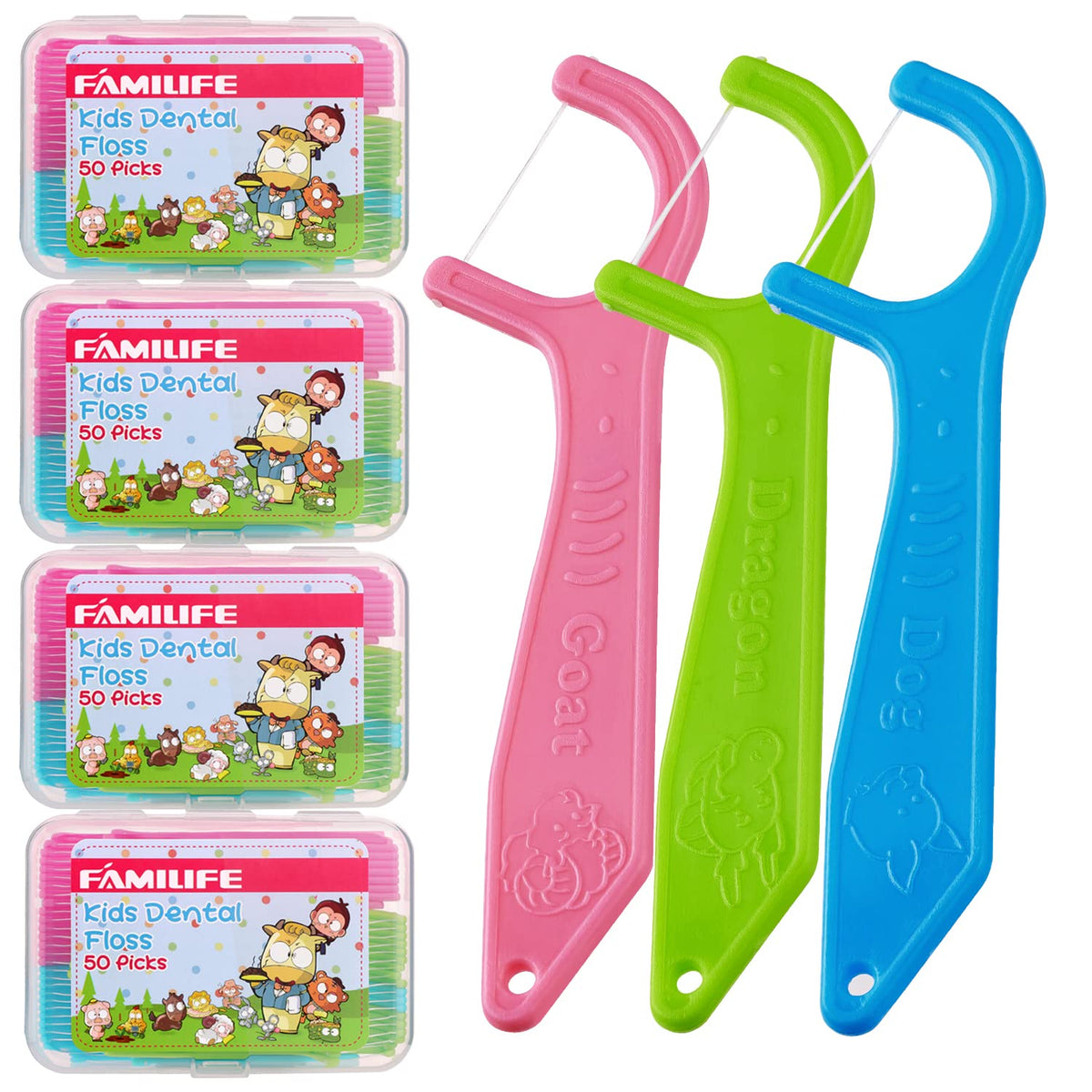 FAMILIFE Floss Picks, 240 Count Mint Dental Floss Picks with 4 Travel Cases