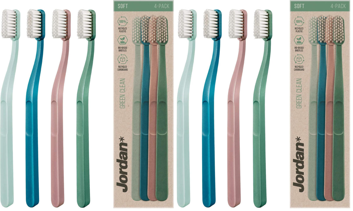 Jordan* ® | Green Clean Manual Toothbrush | Sustainable, Scandinavian Design, Soft Bristles, Mixed Colors | 4 Units