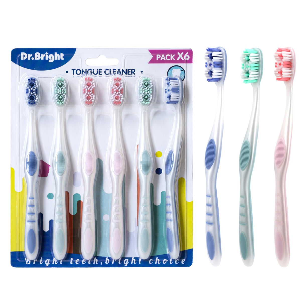 DR.BRIGHT Medium Toothbrushes for Adults with Tongue Scraper, 6 Pack