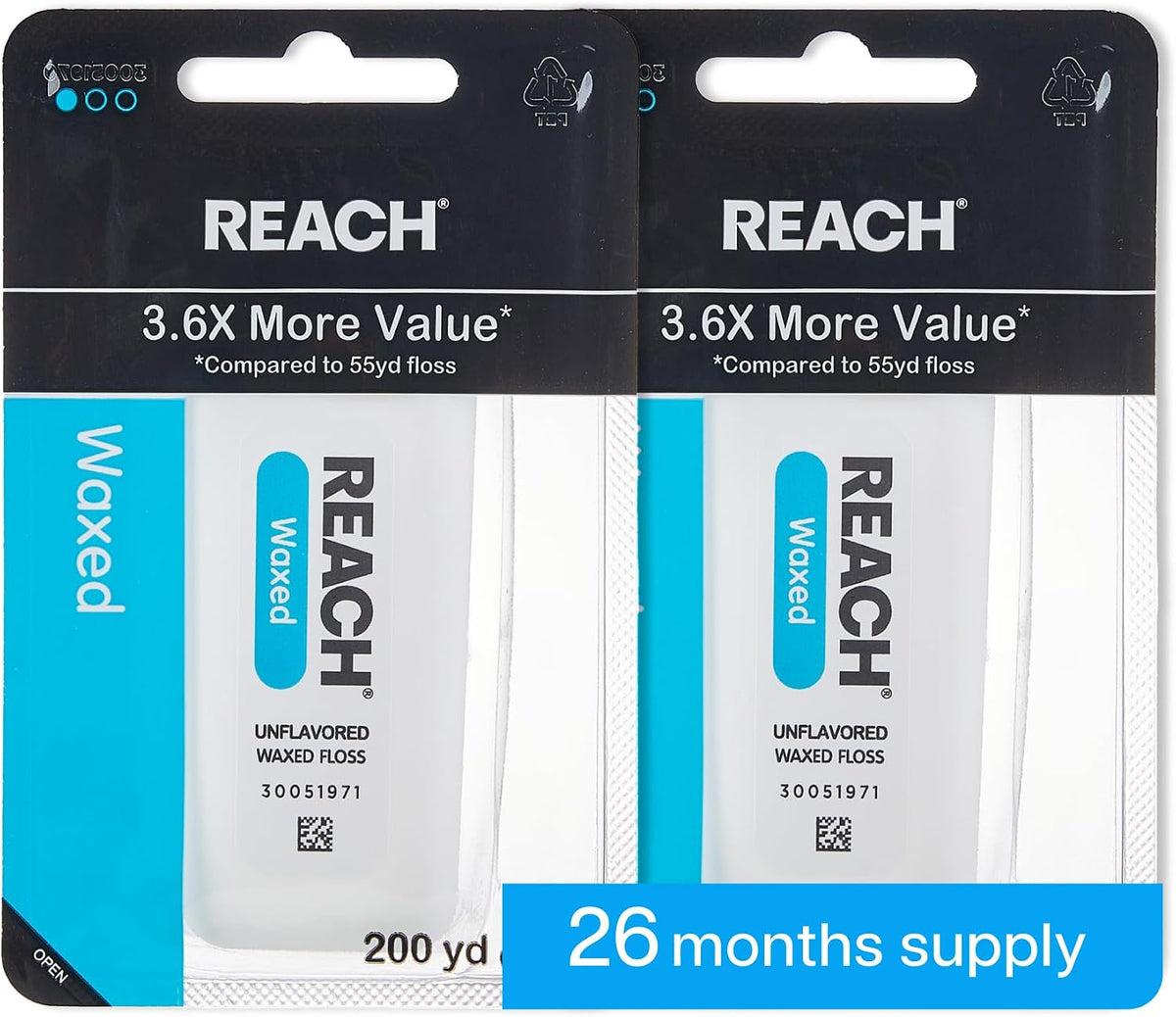 REACH Waxed Dental Floss, Unflavored, 3.6X More Value, Plaque Remover for Teeth, Shred Resistant, Floss Slides Smoothly, Easy to Use, Waxed, Oral Care, PFAS Free, for Adults & Kids, 2 Pack, 200 yd