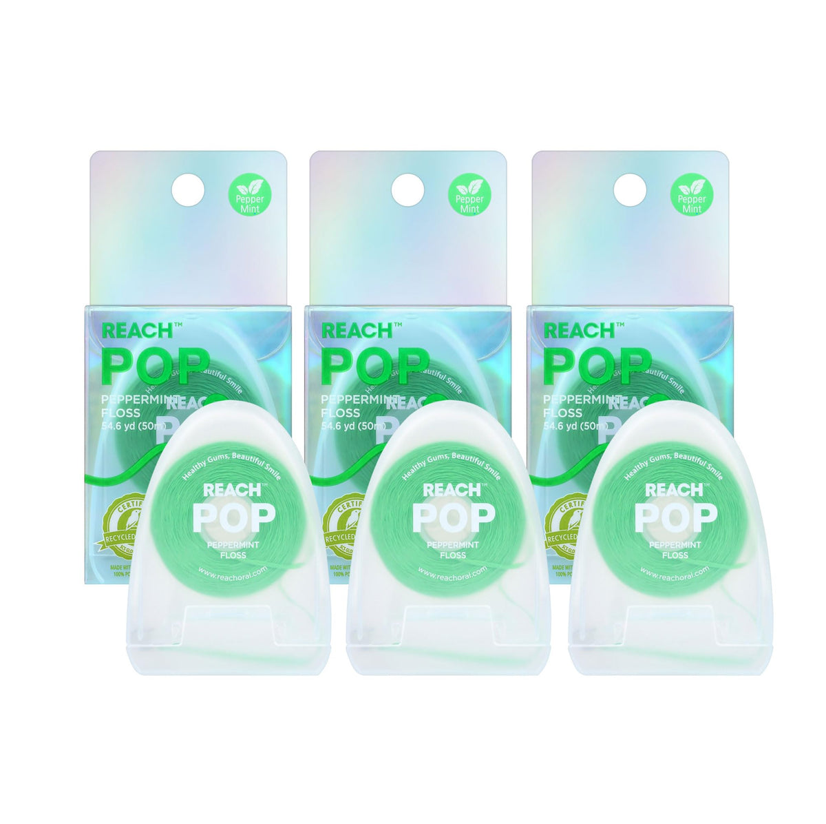 REACH POP Dental Floss, Peppermint, Plaque Remover for Teeth, Shred Resistant, Vegan Wax, Cruelty Free, Eco Friendly Packaging, Oral Care, PFAS Free, for Adults & Kids, 1 Pack, 54.6 yd