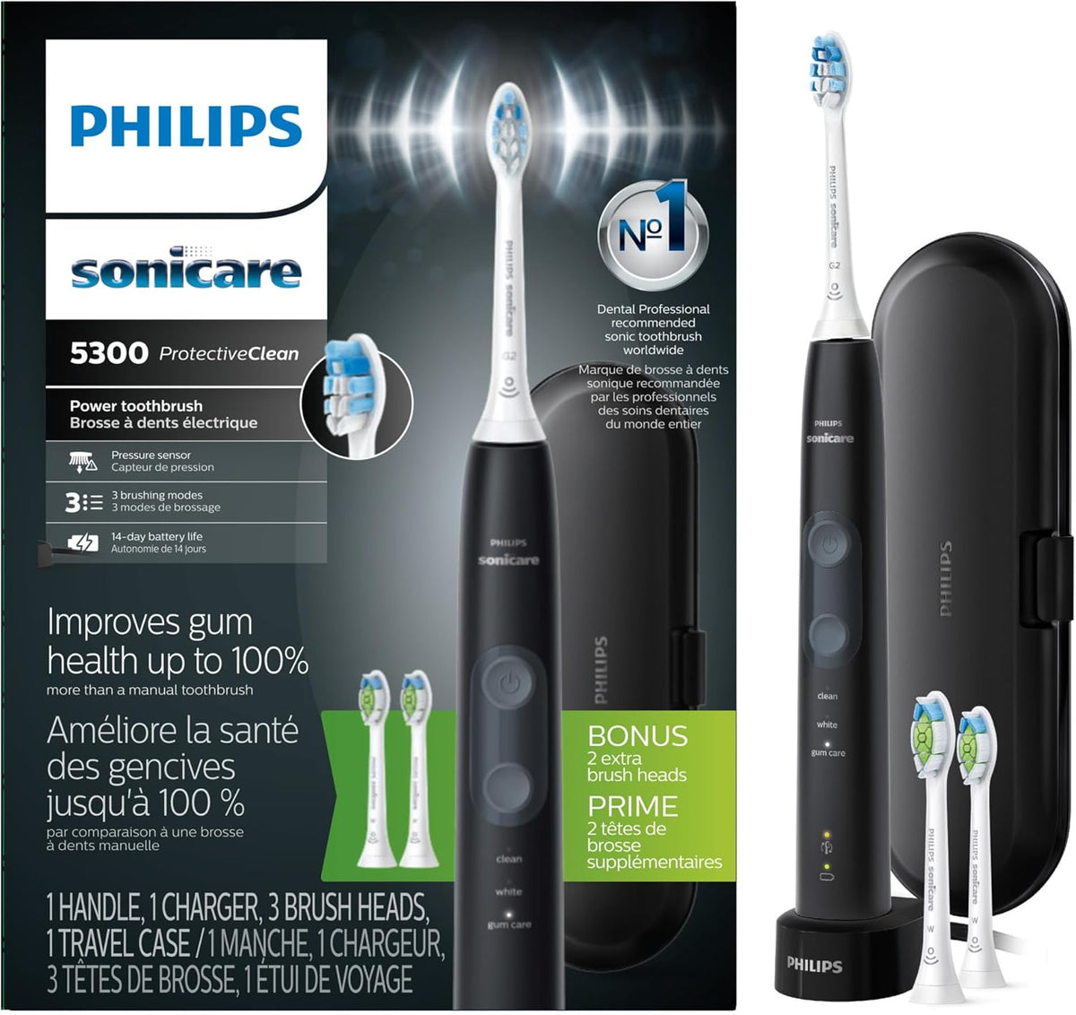 Philips Sonicare 5300 Rechargeable Electric Toothbrush, 3 Brush Head, Black