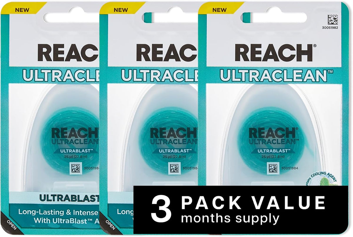 REACH® ULTRACLEAN ULTRABLAST, Cool Mint Dental Floss, Plaque Remover for Teeth, Shred Resistant, Waxed, Easy on Gums & Teeth, Fresh Breath, Oral Care, PFAS Free, for Adults & Kids, 3 PK, 25 YD