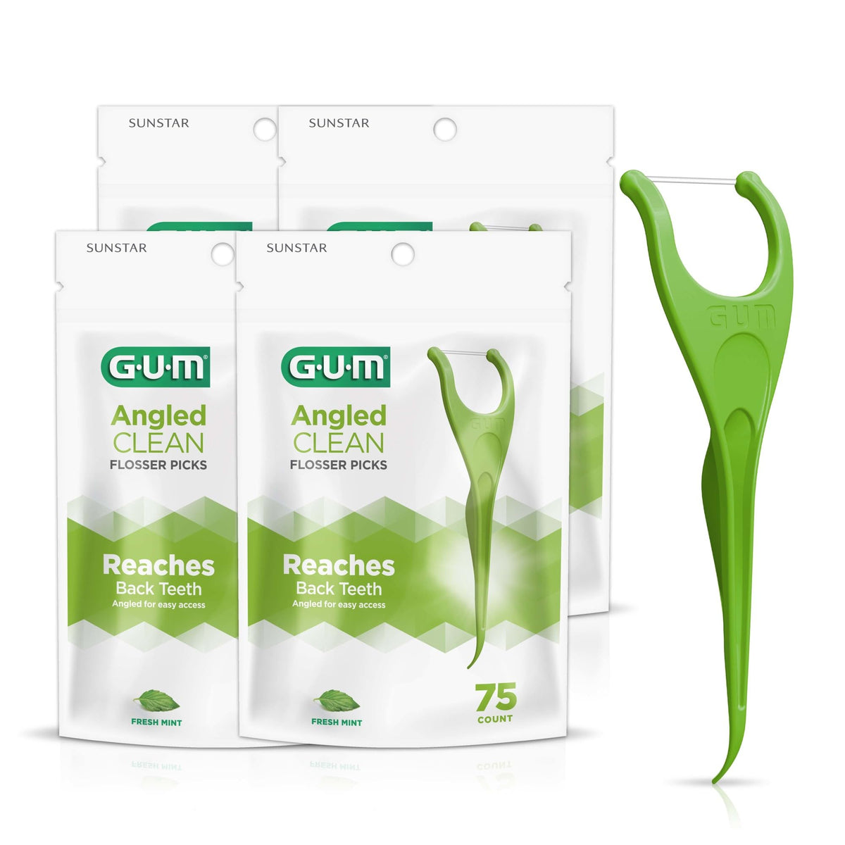 GUM Angled Clean Dental Floss Picks, Fresh Mint Flossers, 75 Count (4 Pack)