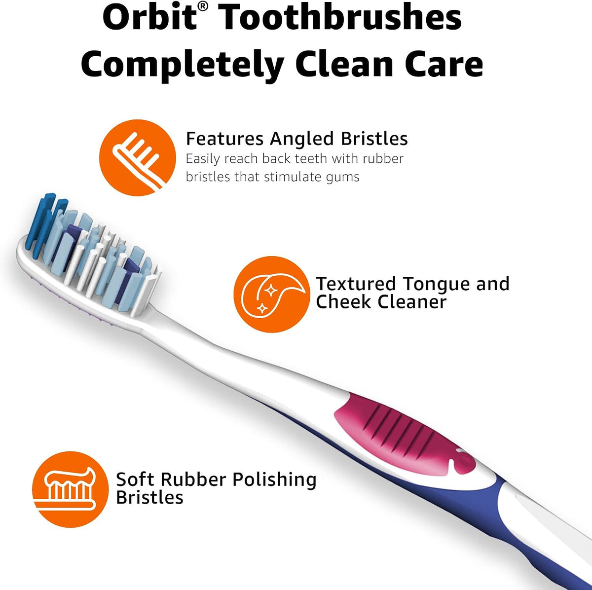 Amazon Basics Orbit Toothbrushes, Soft Bristles, Full Size, 4 Count, Assorted Colors (Previously Solimo)