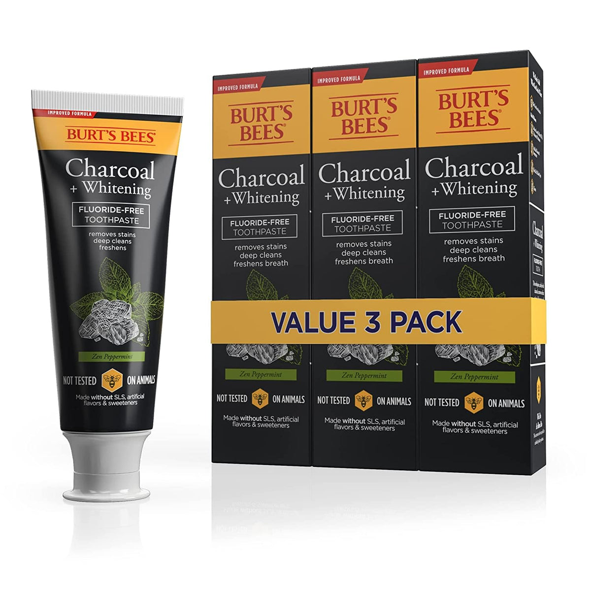 Burt's Bees Toothpaste, Natural Flavor, Charcoal with Fluoride Toothpaste, Mountain Mint, 3 x 4.7oz