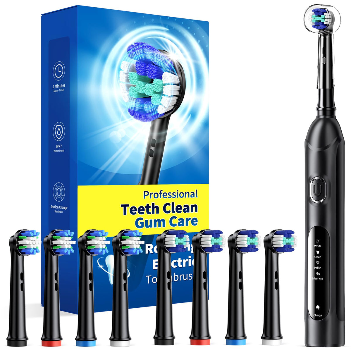 Rotating Electric Toothbrush for Adults, 8 Heads 2 Types, 4 Modes, Pink