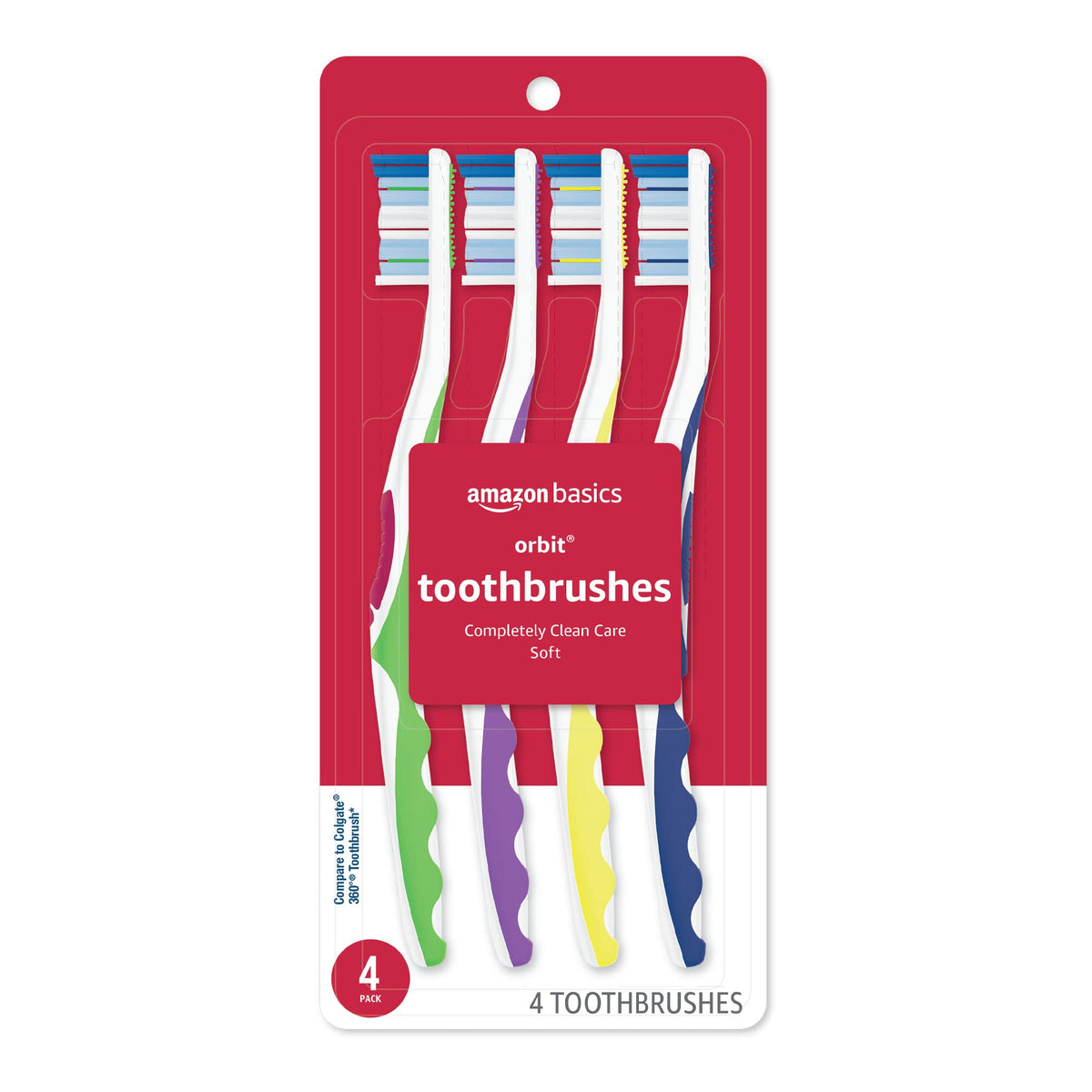 Amazon Basics Orbit Toothbrushes, Soft Bristles, Full Size, 4 Count, Assorted Colors (Previously Solimo)