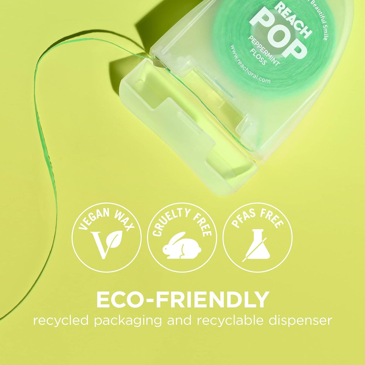 REACH POP Dental Floss, Peppermint, Plaque Remover for Teeth, Shred Resistant, Vegan Wax, Cruelty Free, Eco Friendly Packaging, Oral Care, PFAS Free, for Adults & Kids, 1 Pack, 54.6 yd