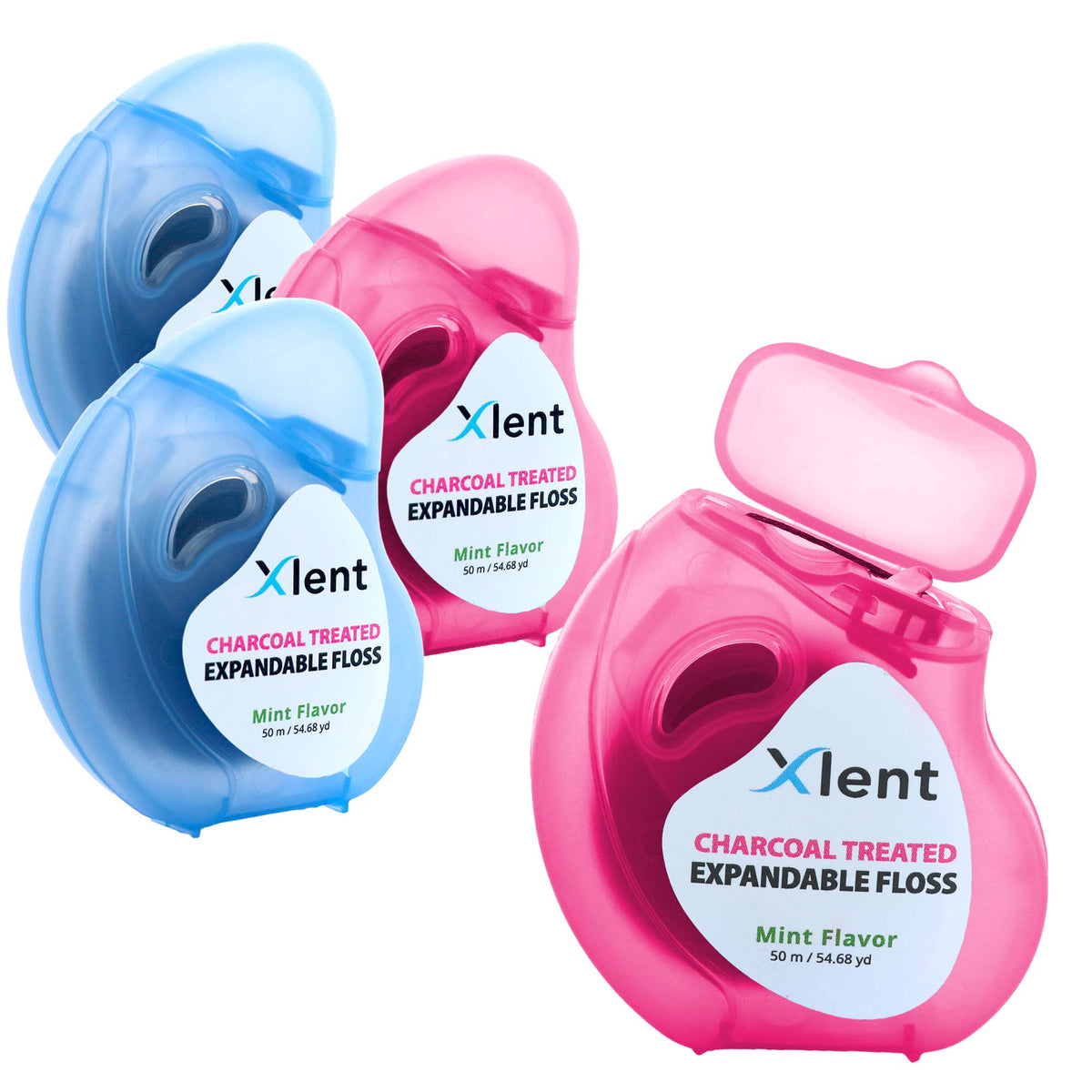 XLENT Expandable Charcoal Dental Floss, Refillable, Mint, 50m, 2-Pack