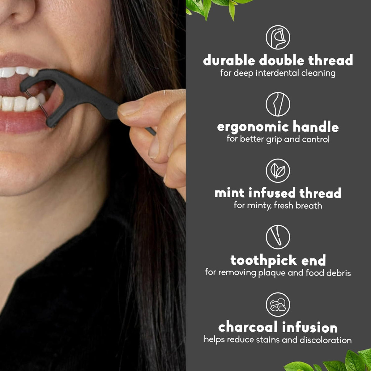 The Humble Co. Dental Floss Picks, Double Thread, Charcoal (200 Count)