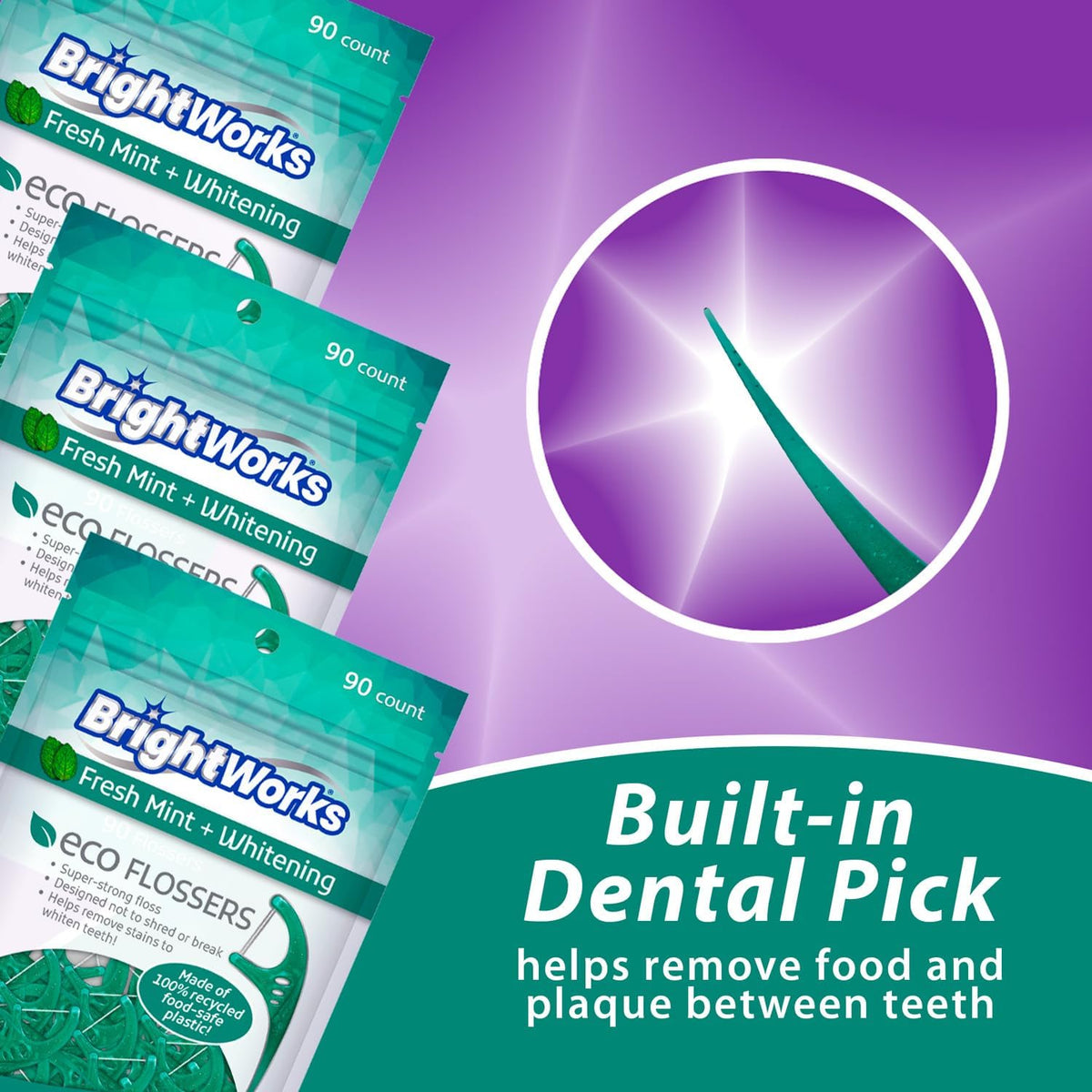 Brightworks ECO Sustainable Floss Picks - 270 Count - PFAS Free -100% Post-Consumer Recycled Plastic, Super Strong Mint-Flavored Floss with Micro-Crystals