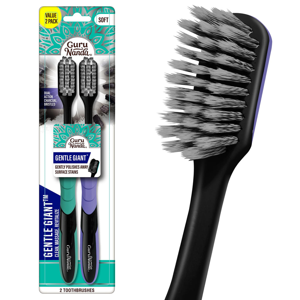 GuruNanda Gentle Giant Toothbrush with Dual Action Flossing Spiral Bristles, Non-Slip Ergo Dexa Grip, Helps in Teeth Whitening, BPA Free Manual Toothbrushes, Assorted Colors, 4 Count