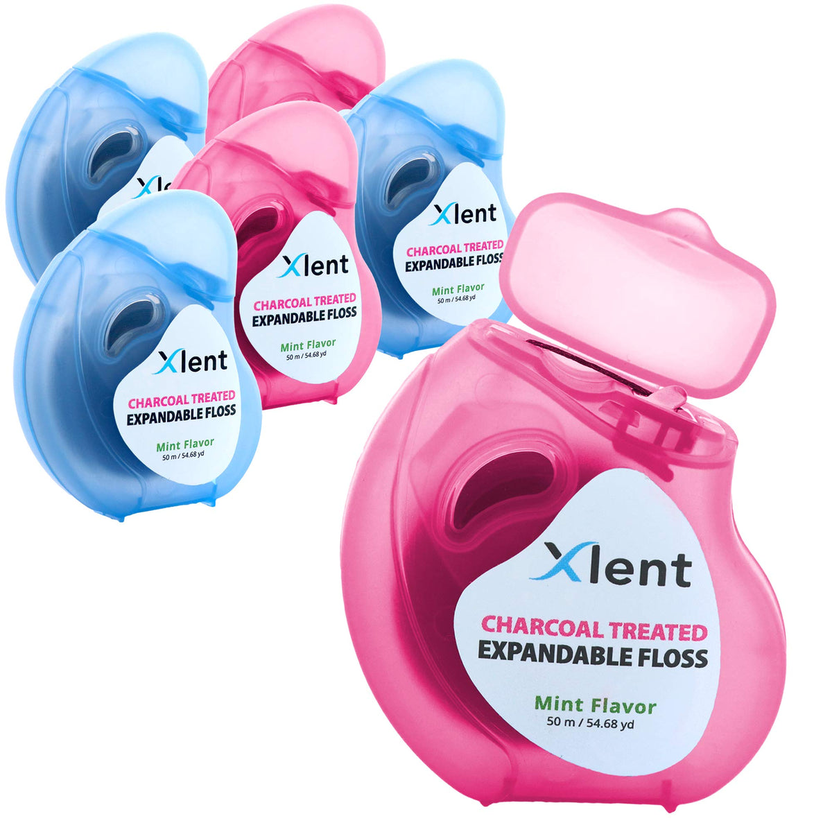 XLENT Expandable Charcoal Dental Floss, Refillable, Mint, 50m, 2-Pack