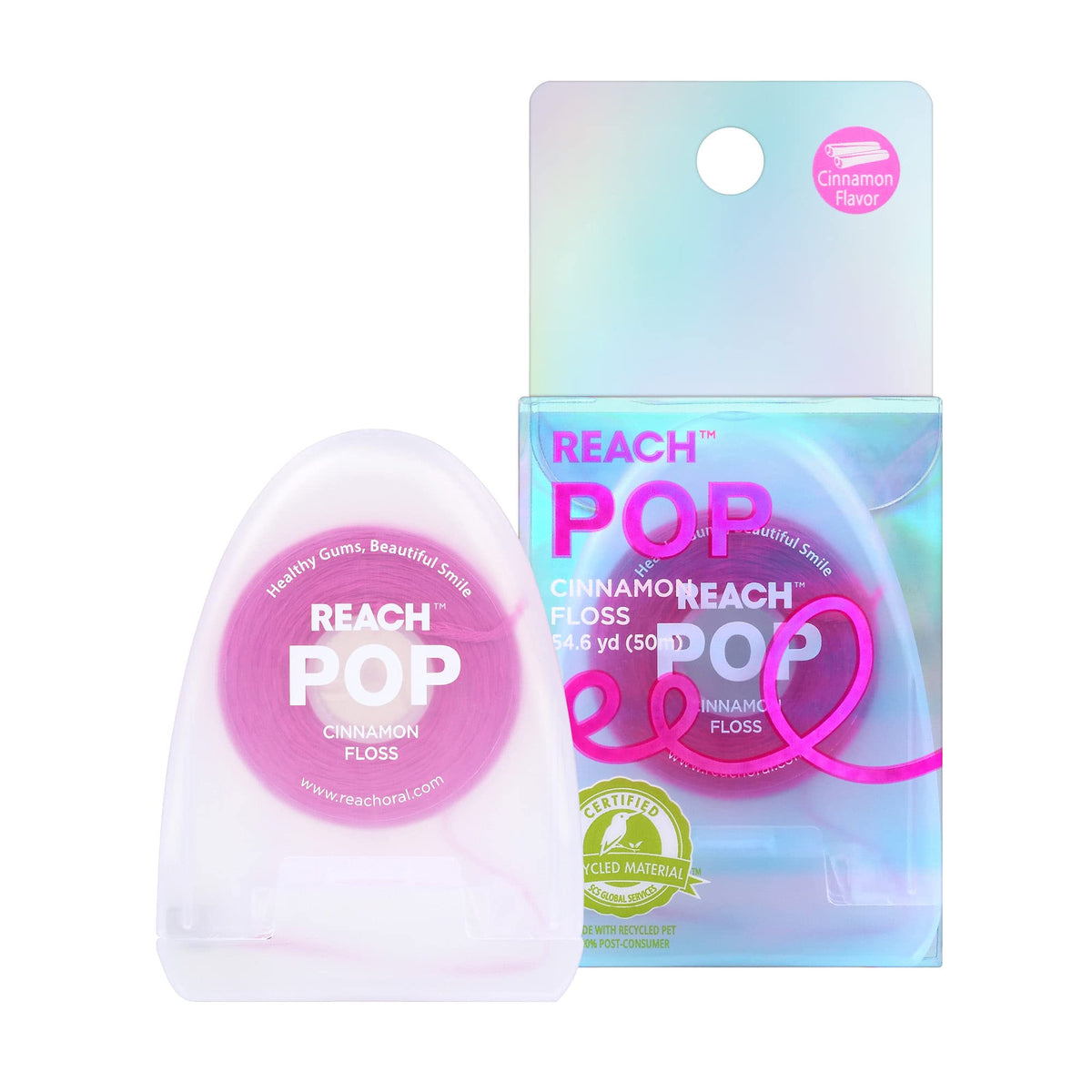 REACH POP Dental Floss, Cinnamon, Plaque Remover for Teeth, Shred Resistant, Vegan Wax, Cruelty Free, Eco Friendly Packaging, Oral Care, PFAS Free, for Adults & Kids, 3 Pack, 54.6 yd