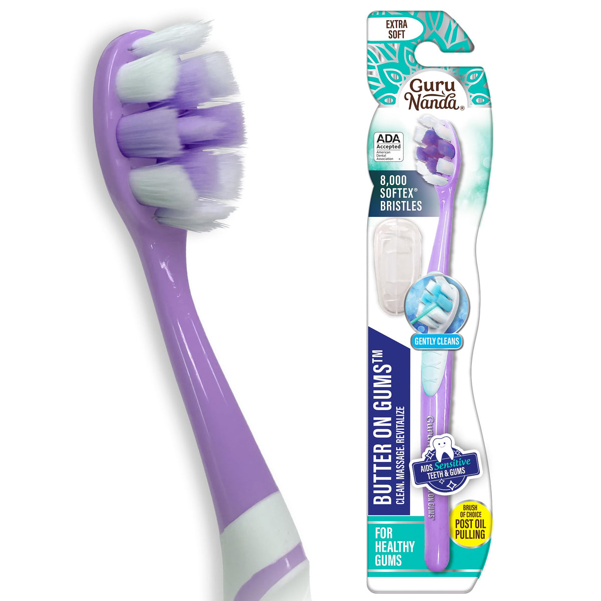 GuruNanda Butter On Gums Toothbrush, ADA Accepted Manual Toothbrushes with 8000+ Ultra Soft Softex Bristles for Sensitive & Receding Gums, Perfect for Whiter Teeth, Assorted Colors, 6 Ct