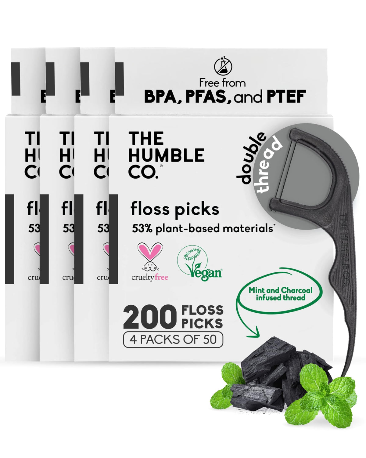 The Humble Co. Dental Floss Picks, Double Thread, Charcoal (200 Count)